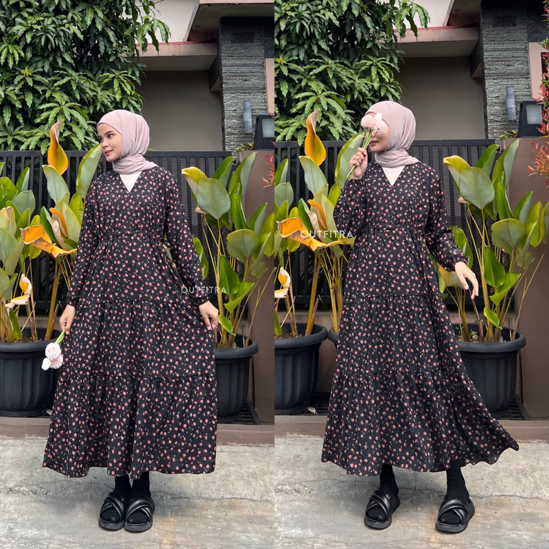 LINZY DRESS | midi gamis tunik Crepe Premium motif bunga kembang kecil