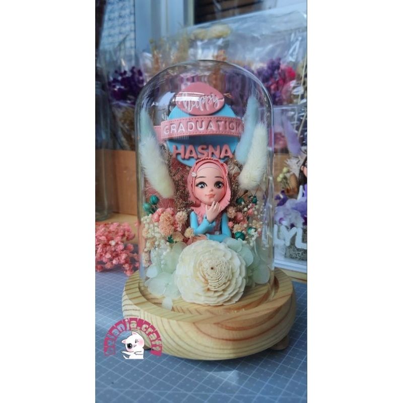 Glass Dome dengan Custom Clay Character (small)+Topper Ucapan