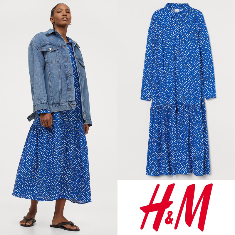 h&m hnm hm blue polkadot collared maxi long dress