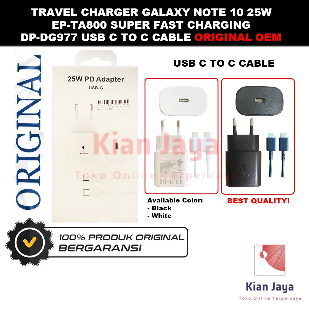 Travel Charger Galaxy Note 10 Super Fast Charging 25W USB C to C Cable Adaptor Casan Hp Original OEM