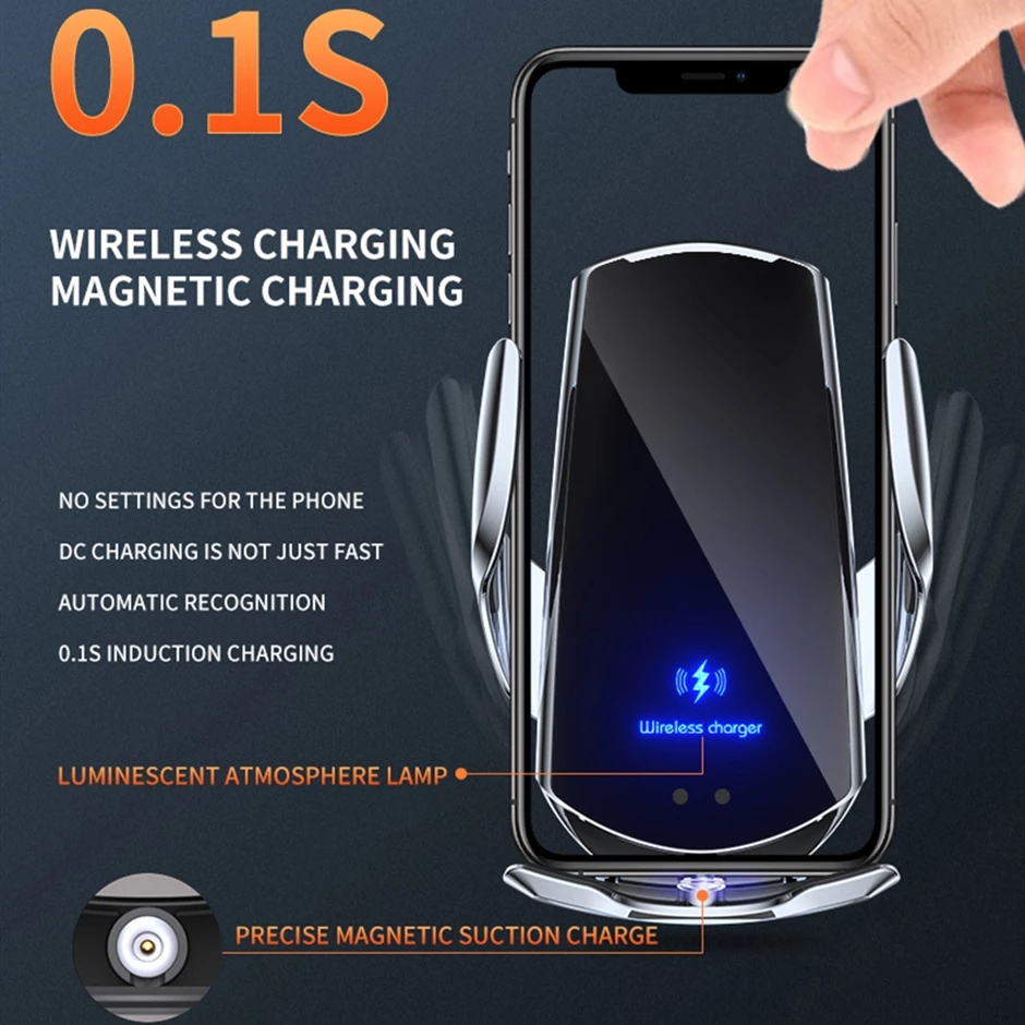 Wireless Charger Phone Holder Smart Lock Car Fast Charging 15W - Q3 - Black