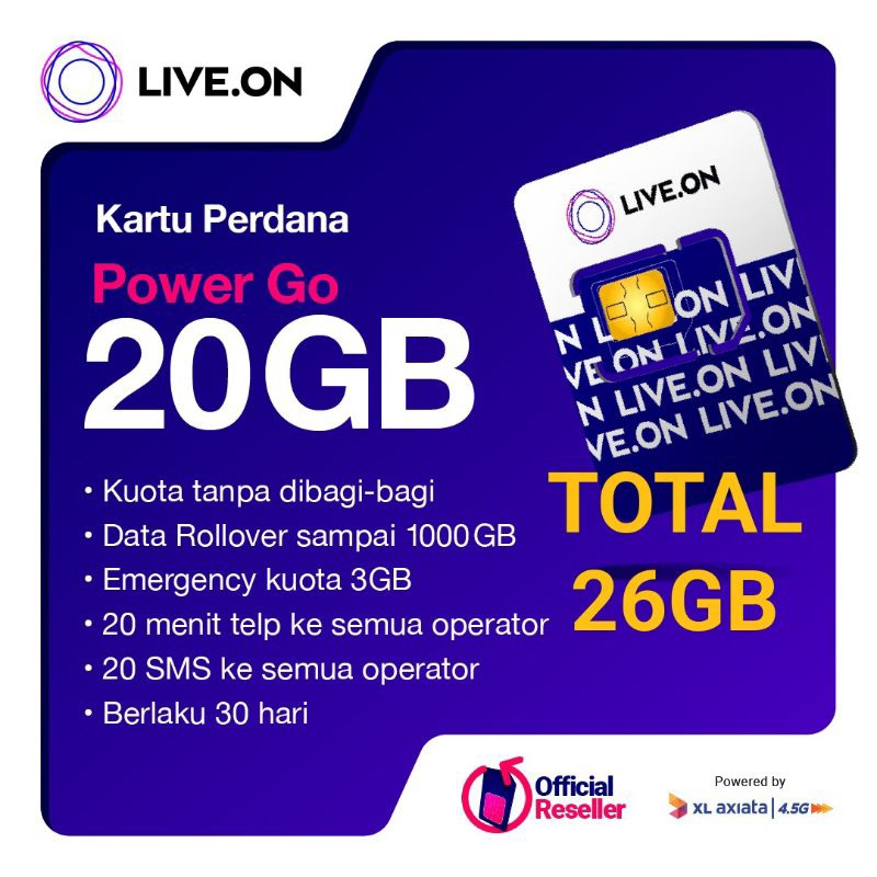 KARTU PERDANA LIVE ON 26GB + Bonus 50GB/Bisa Request Langsung Pake