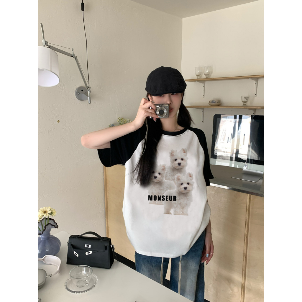 EUNII T-shirt Lengan Pendek Cartoon Dog Family Korean Style/Kaos Atasan Wanita/Baju Kaus Oversize Wanita/Kaos Wanita