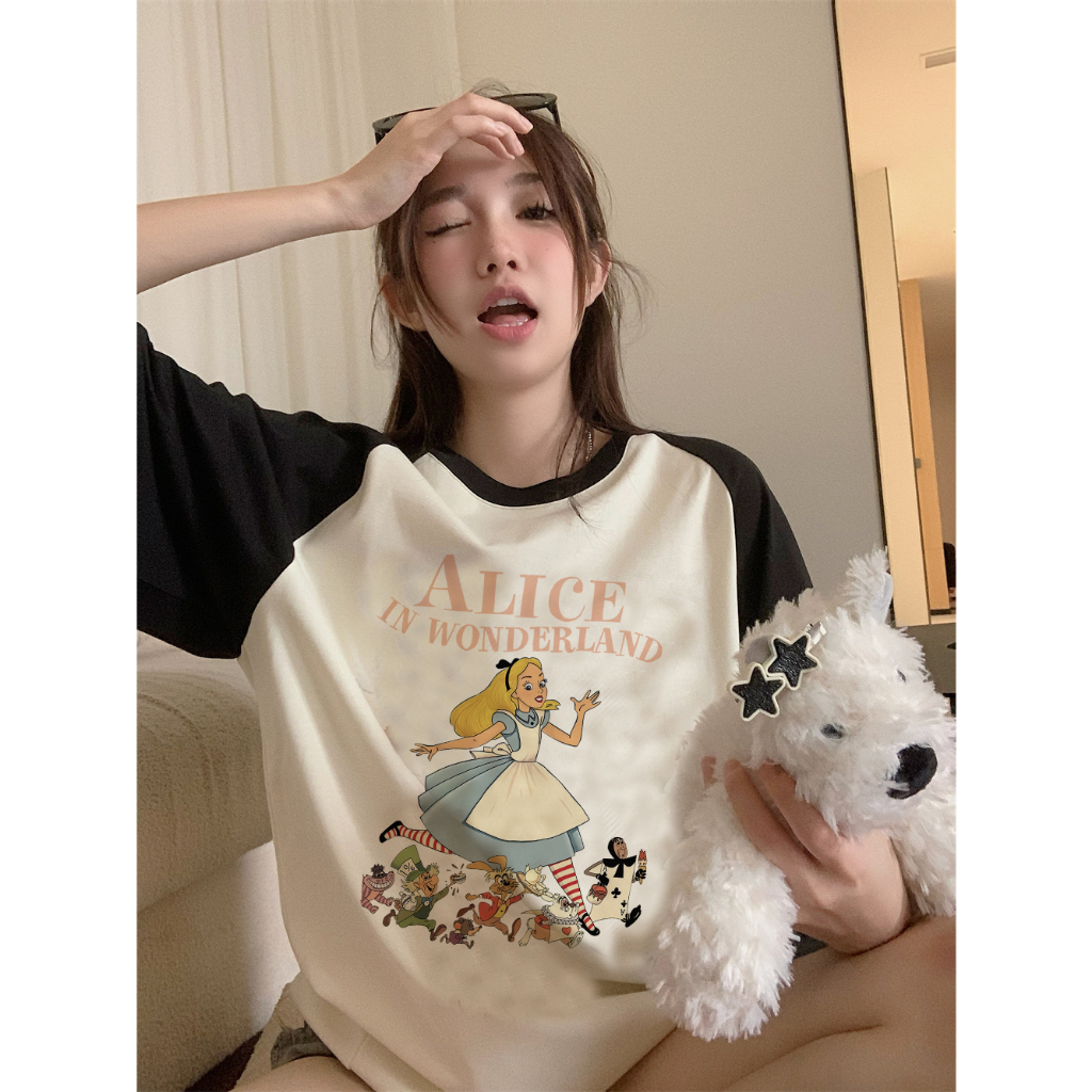 EUNII T-shirt Lengan Pendek Cartoon Disney's Alice Korean Style/Kaos Atasan Wanita/Baju Kaus Oversize Wanita/Kaos Wanita