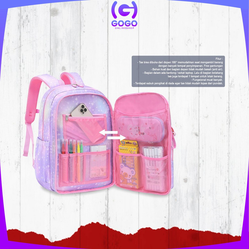 GOGO-T49 Tas Sekolah Anak Perempuan TK SD Kids Bag Backpack Multifungsi Model Pelangi / Ransel Remaja Cewek Cowok Lucu Aesthetic Anti Air Waterproof Import