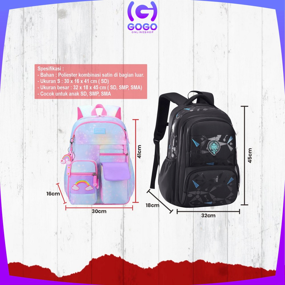 GOGO-T49 Tas Sekolah Anak Perempuan TK SD Kids Bag Backpack Multifungsi Model Pelangi / Ransel Remaja Cewek Cowok Lucu Aesthetic Anti Air Waterproof Import