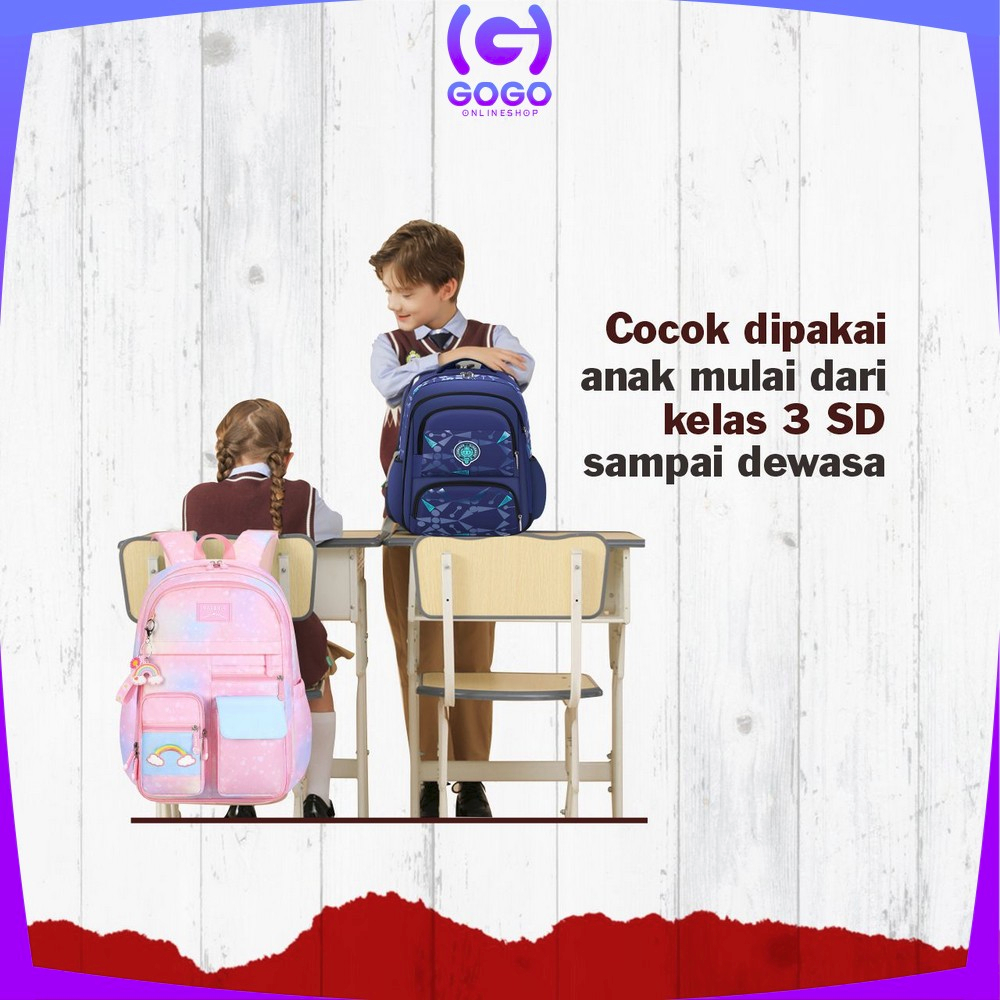 GOGO-T49 Tas Sekolah Anak Perempuan TK SD Kids Bag Backpack Multifungsi Model Pelangi / Ransel Remaja Cewek Cowok Lucu Aesthetic Anti Air Waterproof Import