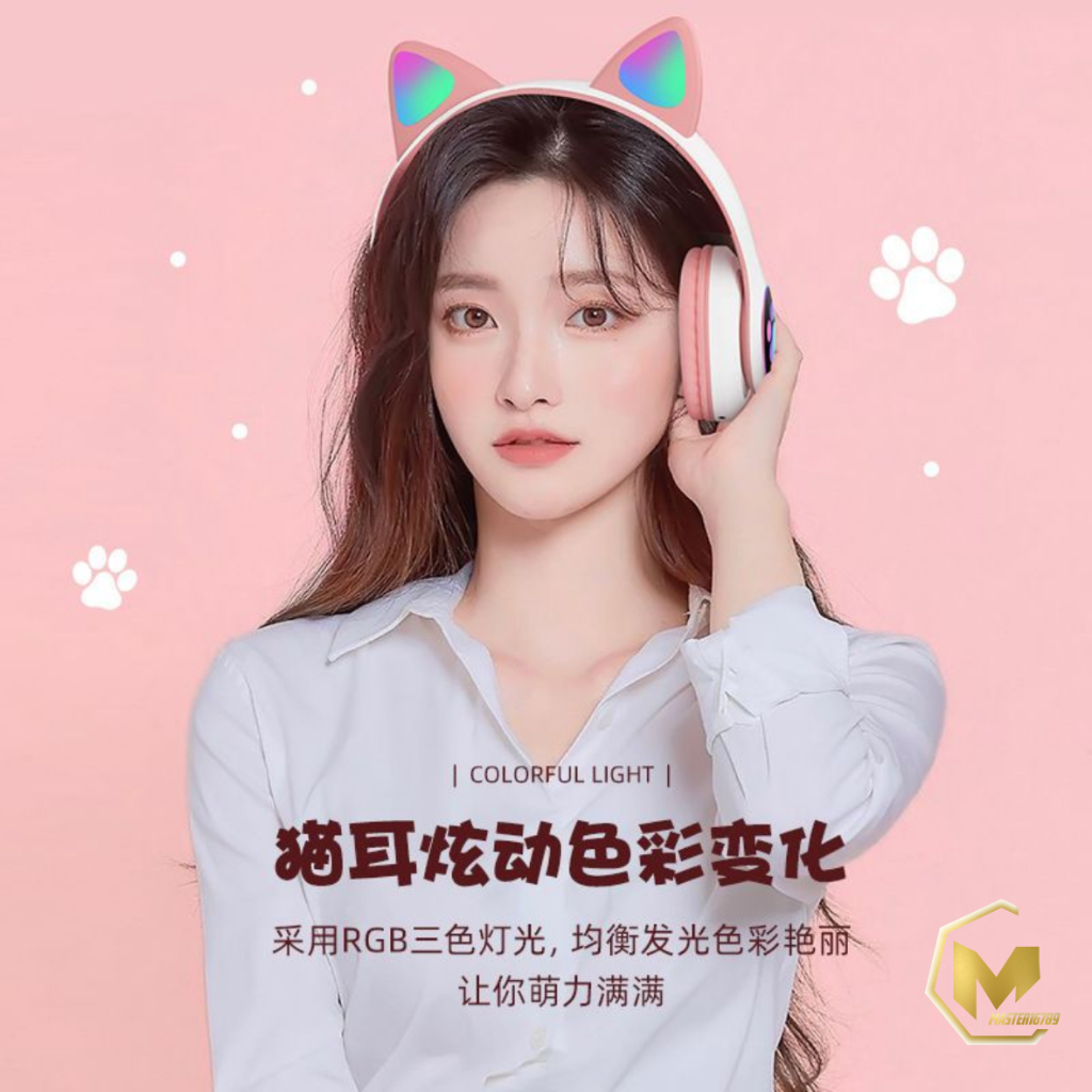 Hf bando headphone B39 STN28 Kucing Karakter LED Color Headset Gaming Bluetooth Wireless Game Headset Cat Ear LED Bando anak Perempuan Cewek Wanita Headset Led RGB Headset Komputer Headphone Laptop MA025