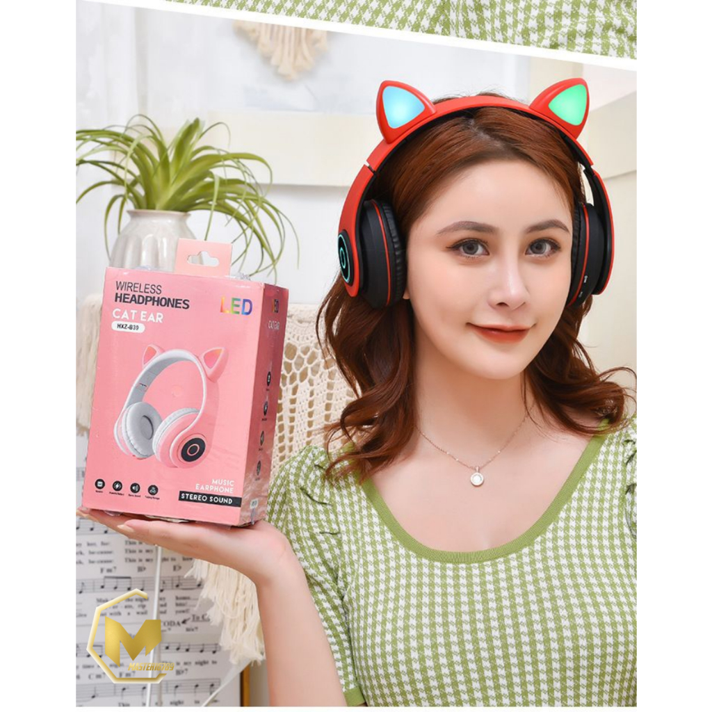 Hf bando headphone B39 STN28 Kucing Karakter LED Color Headset Gaming Bluetooth Wireless Game Headset Cat Ear LED Bando anak Perempuan Cewek Wanita Headset Led RGB Headset Komputer Headphone Laptop MA025