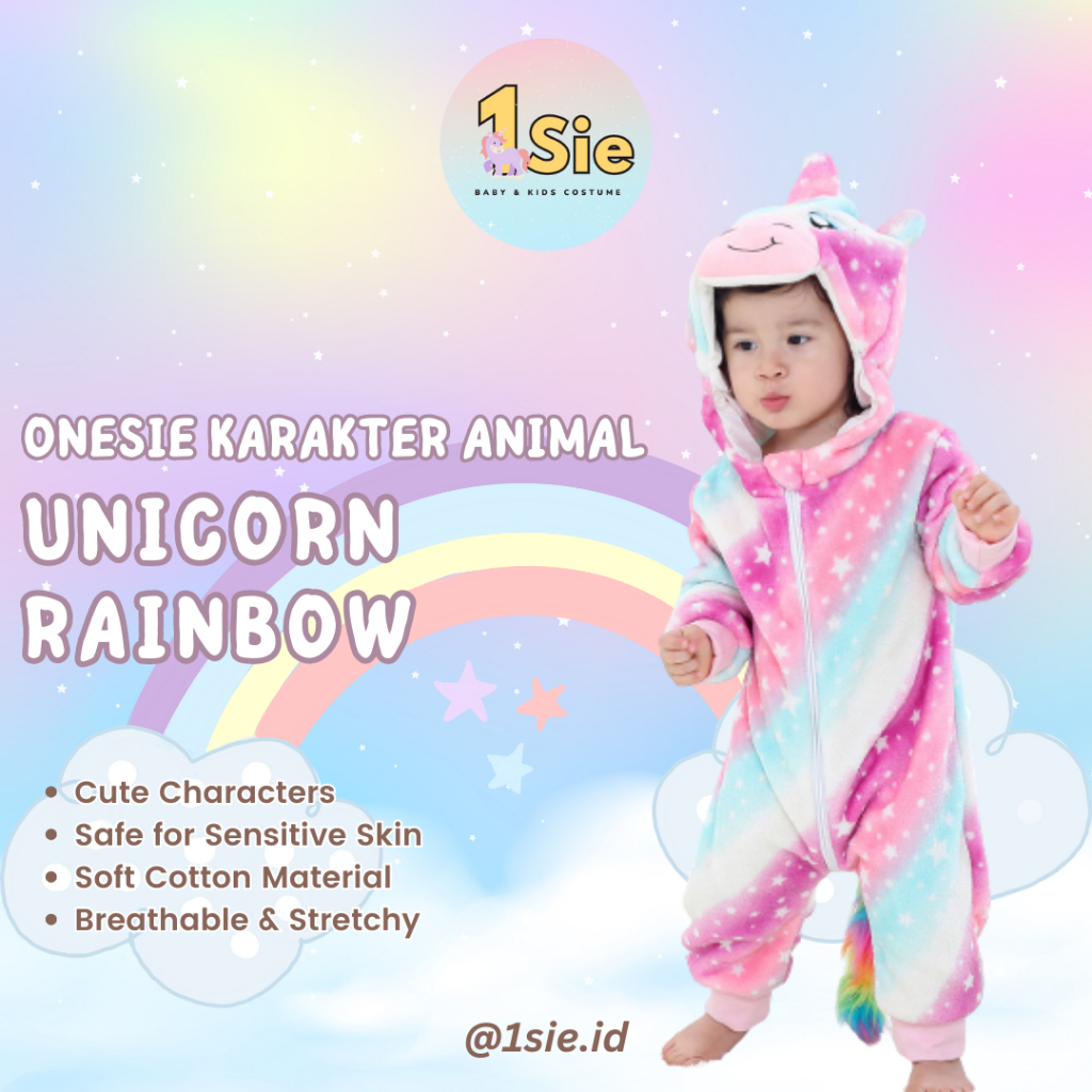UNICORN RAINBOW 1sie Onesie Hewan Grosir Murah Baju Karakter dan Anak Baju Tidur Kostum Bayi Binatan