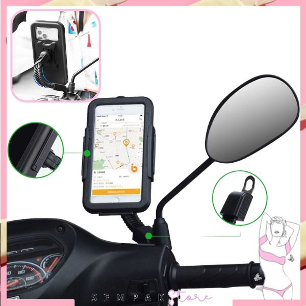 SS Phone Holder Hp Spion Motor Waterproof M3B Tempat Handphone Sepeda Motor Holder Spion Stand Bracket HP dan GPS Anti Slip 360 Derajat Murah Import