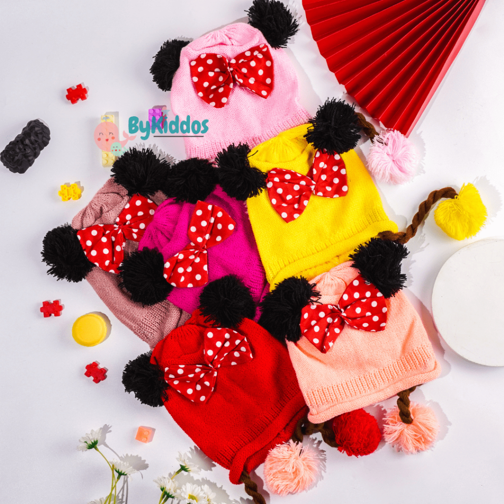Bykiddos - Topi Kupluk Rajut Bayi Pom Pom Kepang Minie Motif Pita Tengah