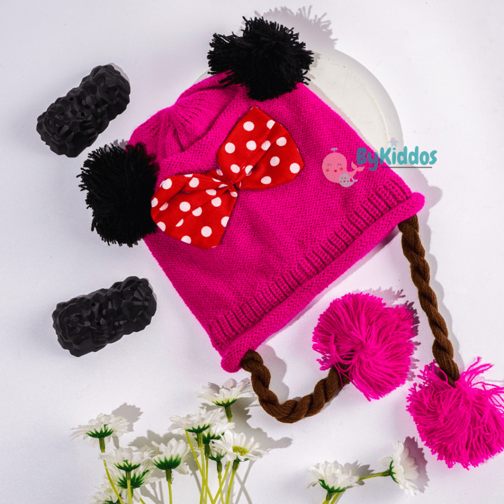 Bykiddos - Topi Kupluk Rajut Bayi Pom Pom Kepang Minie Motif Pita Tengah