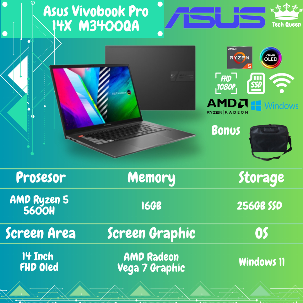 Asus Vivobook Pro 14X M3400QA  OLEDS554 - RYZEN 5 5600H 16GB 512SSD VEGA7 WINDOWS+OHS 14.0 INCHI 2.8K SLV