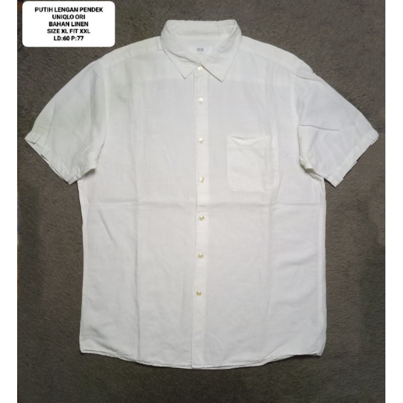 KEMEJA POLOS PUTIH UNIQLO LENGAN PENDEK SIZE XL FIT XXL BAHAN LINEN