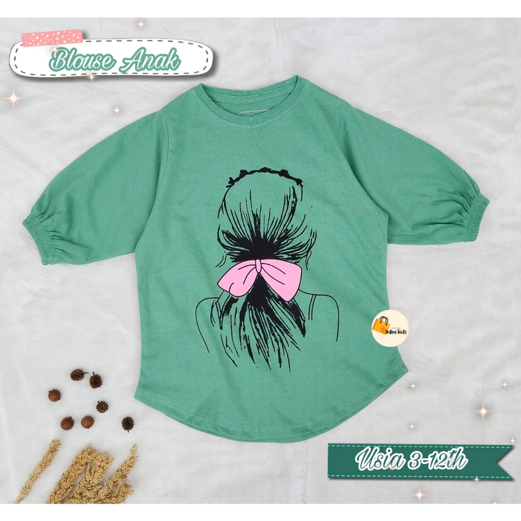 Blouse anak perempuan umur 3-12 tahun warna sage green bahan katun combed kaos anak perempuan blus k