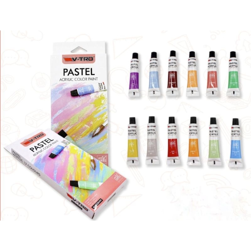 

cat akrilik pastel isi 12 warna, cat akrilik pastel 6ml 12 warna, cat plastik, cat kaca, cat tanah liat