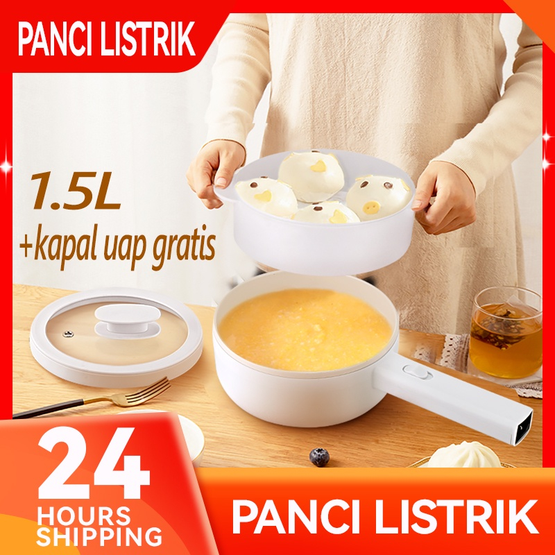 Panci Listrik 2 in 1 Kukus Dan Goreng Panci Listrik Fry Pan Electric Cooker Serbaguna Anti Lengket Liner Nano Porselen Putih