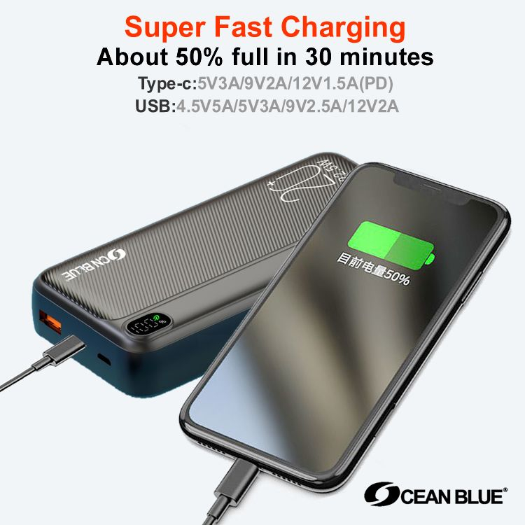 Ocean Blue OCN A158 Power Bank 20000mAh USB C Built in 22.5W PD QC 3.0 Super Fast Charging PowerBank