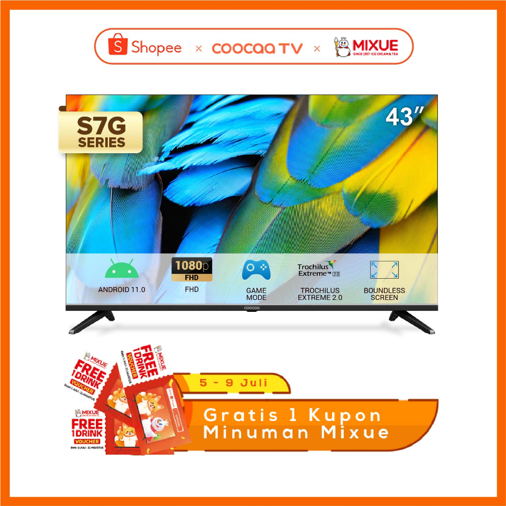 COOCAA 43 inch Smart TV - Digital TV - Android 11 - Netflix/Youtube - Google Assistant - Dolby Audio - Mirroring - Flicker Free - Boundless - HDR 10 - WIFI - USB/LAN(COOCAA 43S7G)