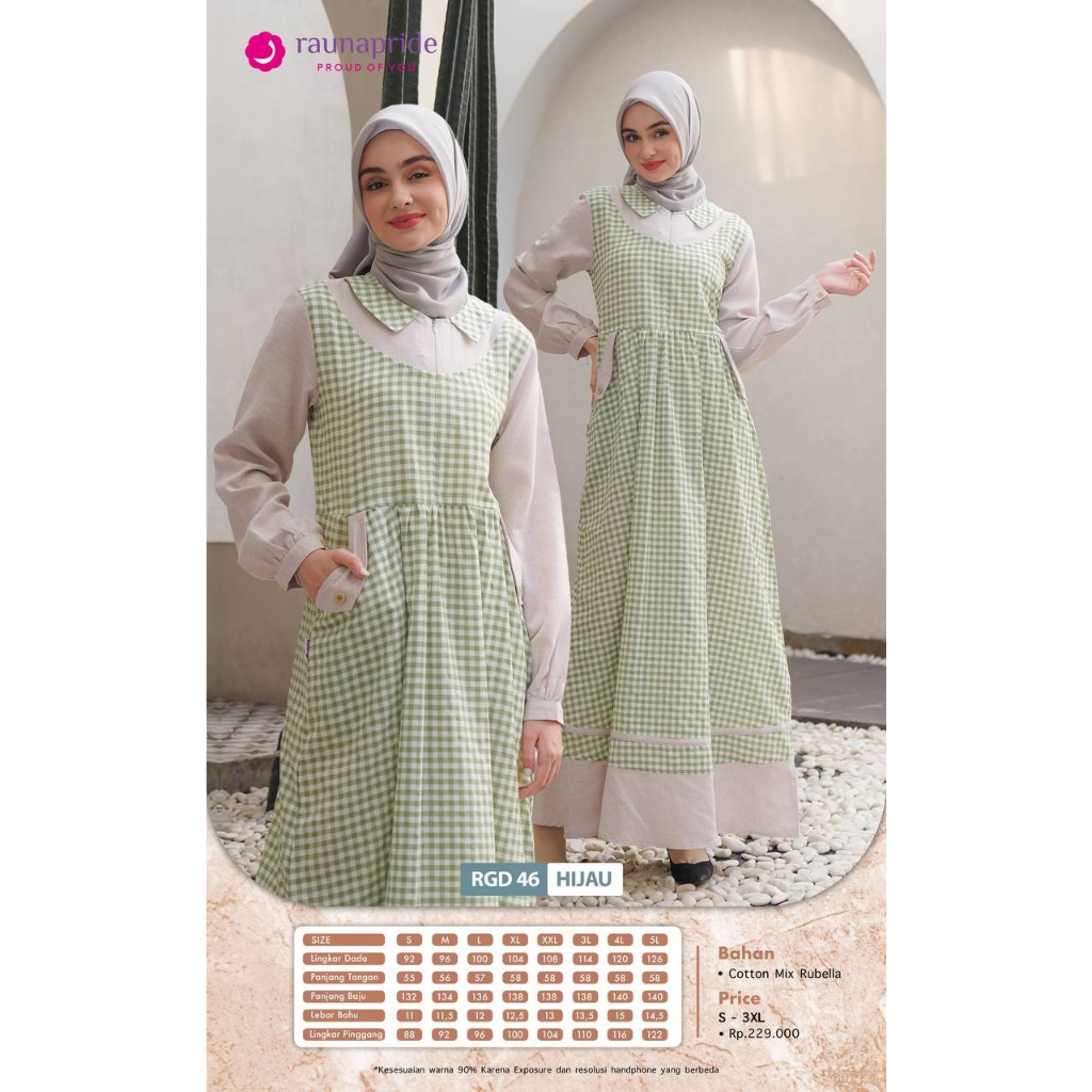 Rauna-RGD 46 Coklat-Hijau-Abu Cotton Mix Rubella Gamis Wanita Dewasa Couple Kids Polos Kombinasi Motif Kotak Cute Feminin Trendy Dress Remaja Mama Muda Muslimah Busui Casual