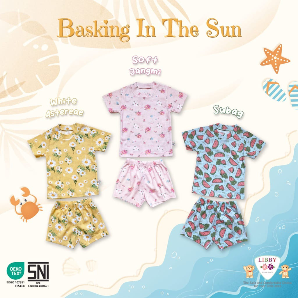 Libby 3 Setelan Baju Bayi Pendek Oblong Celana Pendek Happy Farm / Garden By The Joy / Play Ground Oblong Tipis Rib Cotton Baju Anak