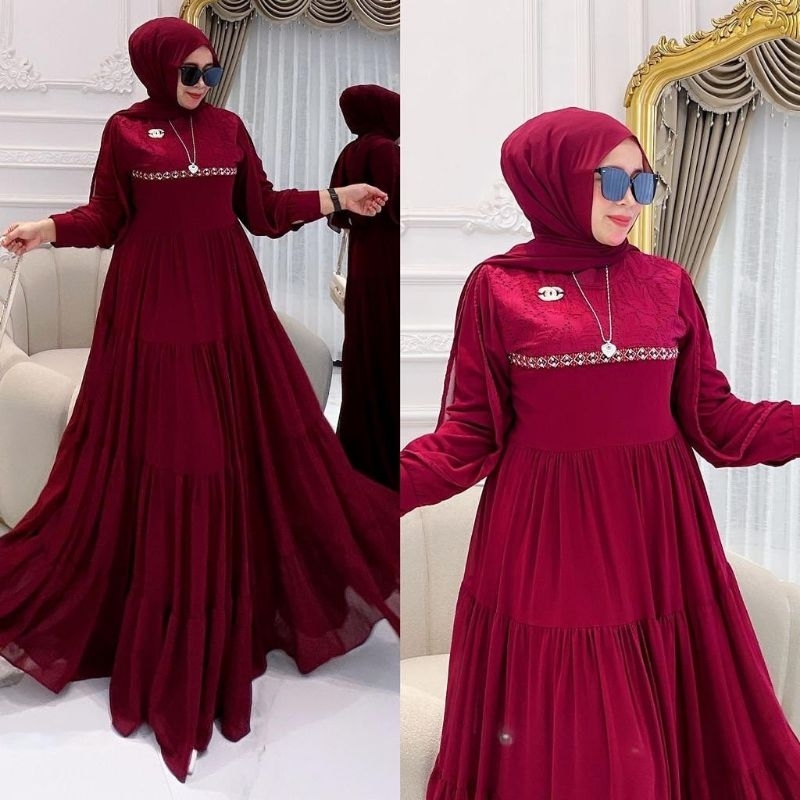 TERLARIS ELIANA DRESS AKSEN MUTIARA+ BROSS CHANEL/GAMIS KONDANGAN 2023/GAMIS MUSLIM WANITA/GAMIS TER