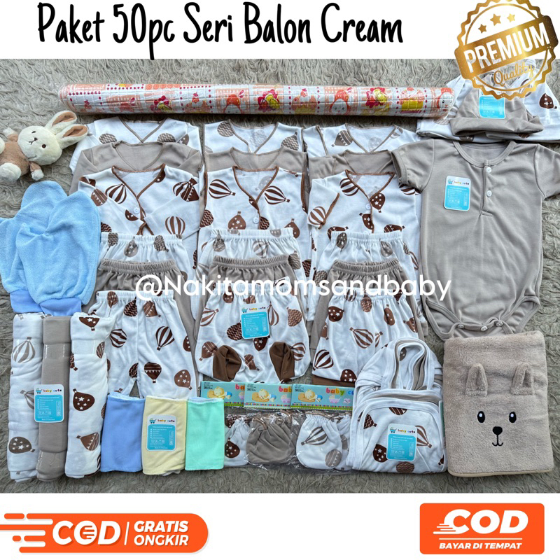 50 pcs paket balon cream hemat komplit plus PERLAK,HANDUK TEBAL,romper baju celana bayi paket kado newborn,3-6 dan 6-12 bulan Promo 8.8