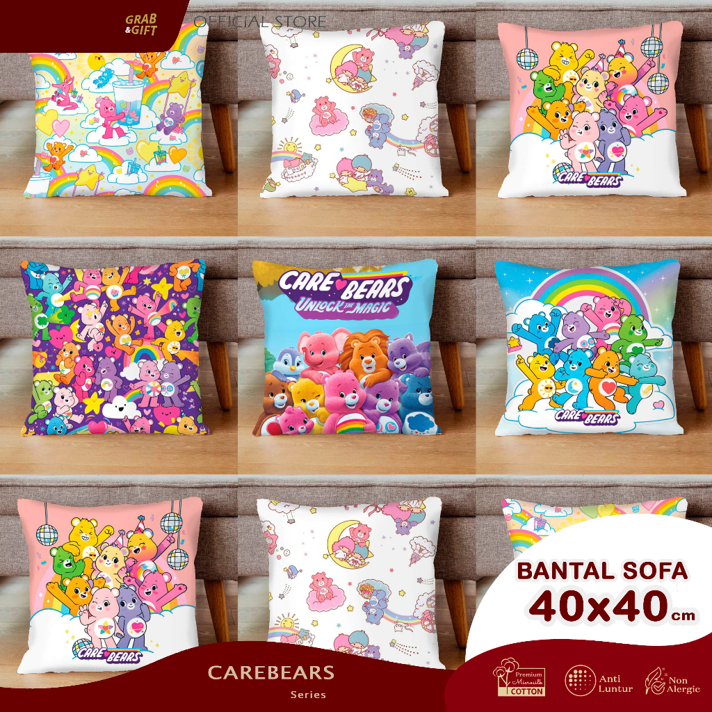 Bantal Sofa Print Motif Carebears 40x40 cm Care Bears Teddy Bear Cheer Wish Love a Lot