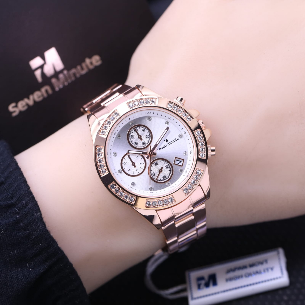 JAM TANGAN WANITA SEVEN MINUTE LS032 CHRONO VARIASI RANTAI SEGI TANGGAL AKTIF