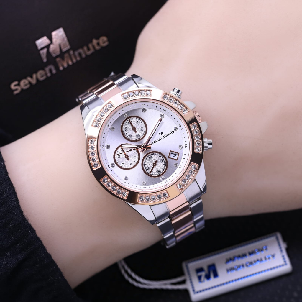 JAM TANGAN WANITA SEVEN MINUTE LS032 CHRONO VARIASI RANTAI SEGI TANGGAL AKTIF