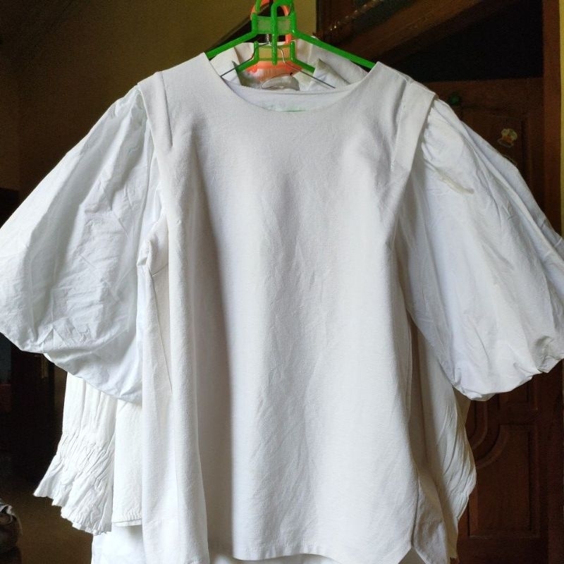 thrift kemeja blouse putih polos dan motif lengan panjang pendek