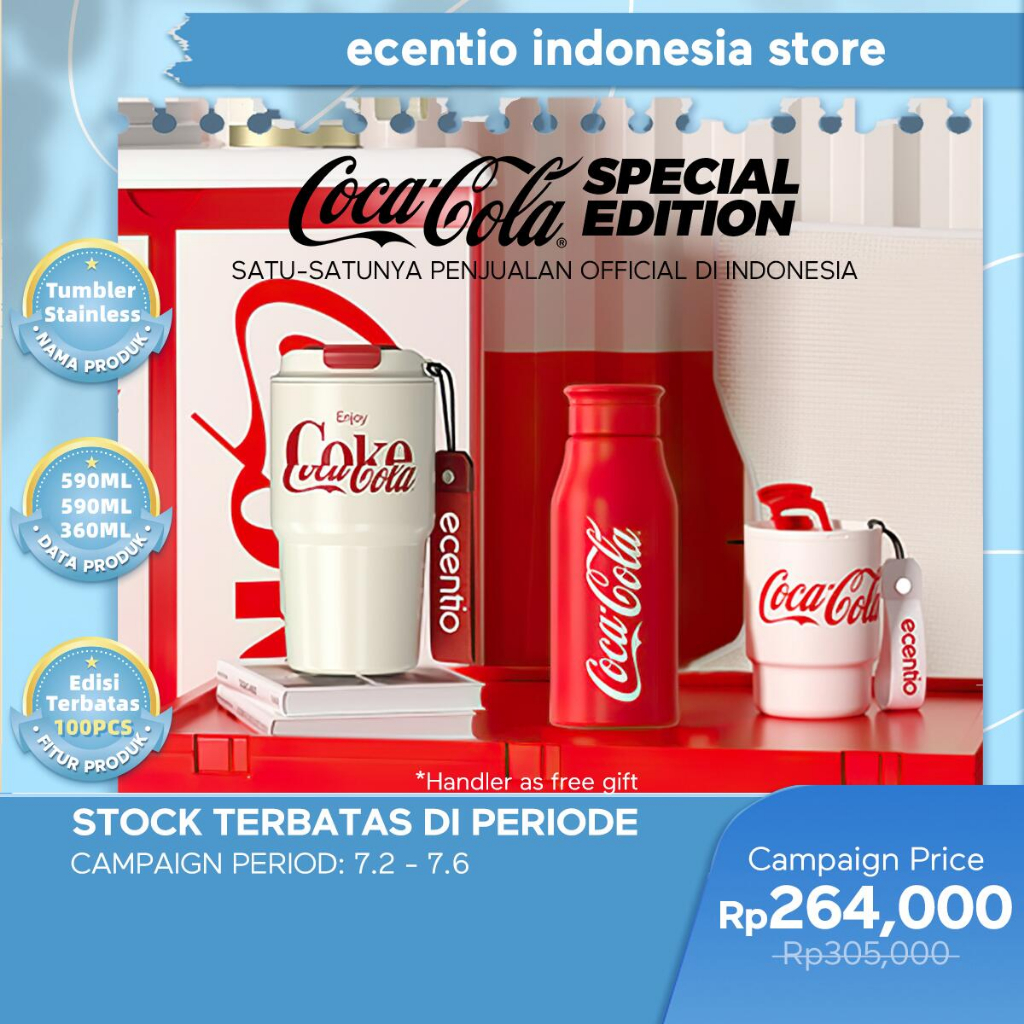 ecentio Termos LED Coca Cola Coffee Cup 590ml/360ml Tumbler Temperatur Suhu Botol Mug Edisi Terbatas 100 buah