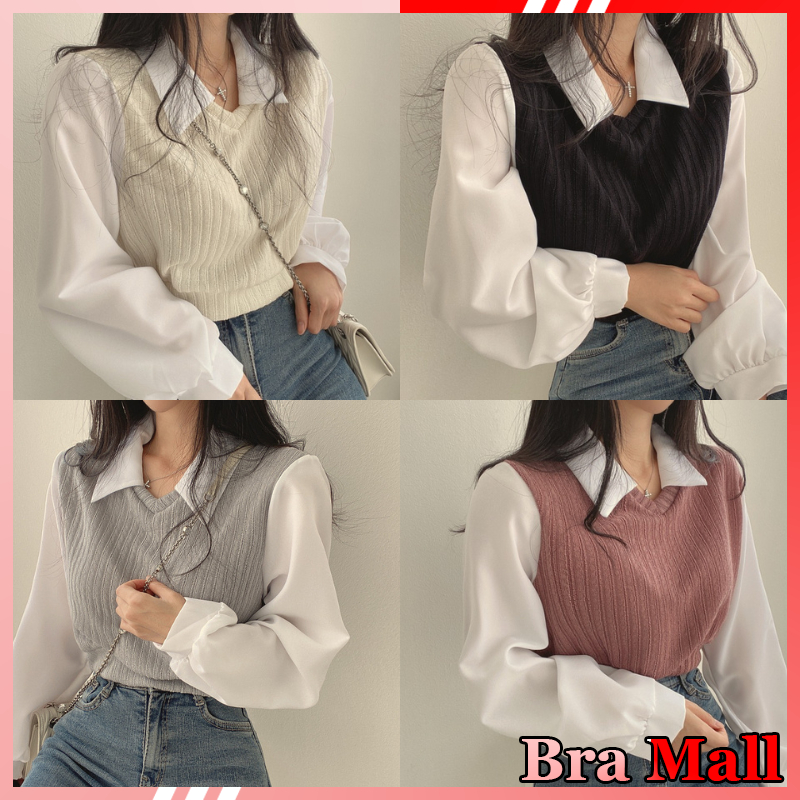 【 Bra Mall 】BJ-065 Atasan Rajut Wanita Kerah Polo Lengan Panjang Korea Style Polos Premium Import | Kaos Lengan Panjang Rajut Premium Kerja Kantor