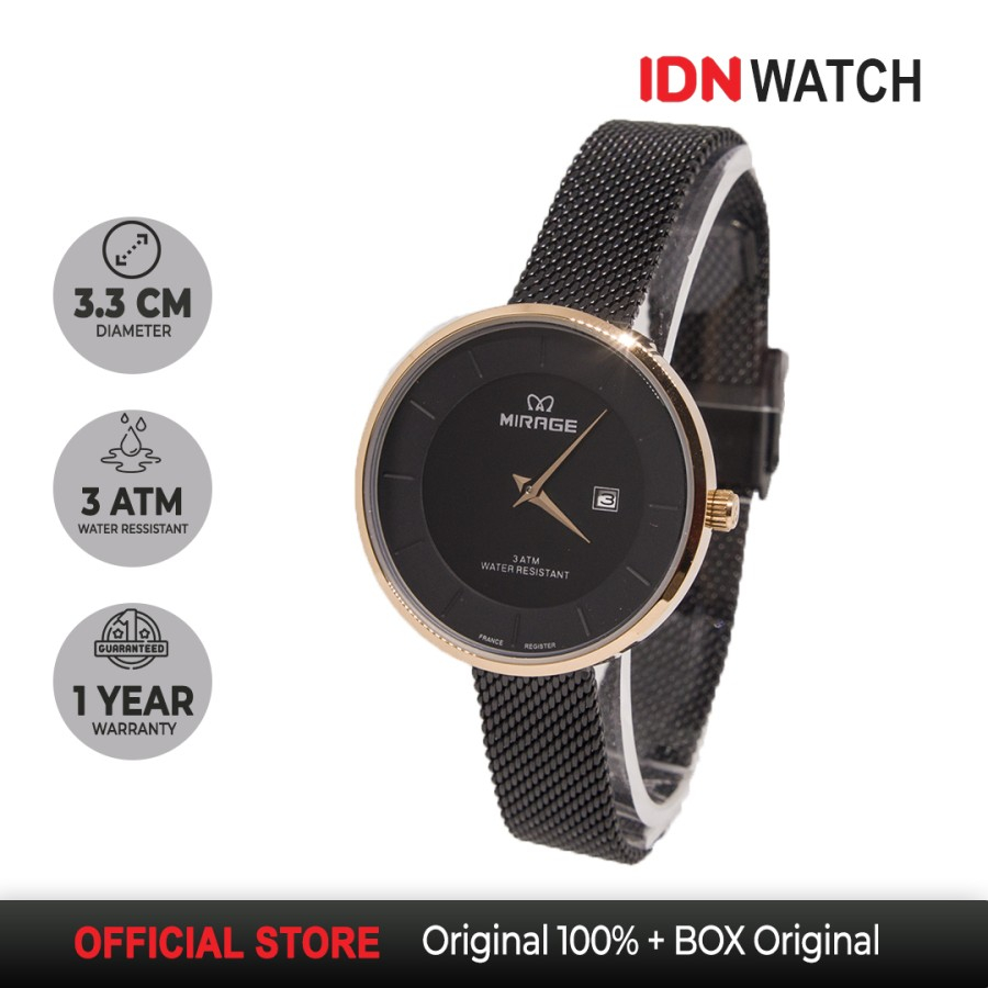 Jam Tangan Mirage Wanita Rantai Pasir 8718L Hitam Rosegold Fashion Mewah Elegant
