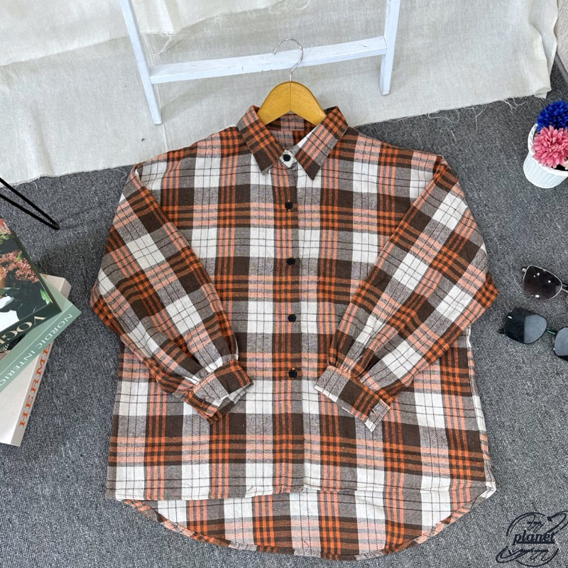 KEMEJA FLANEL WANITA LENGAN PANJANG HIJAB KEMEJA FLANNEL MOTIF KOTAK KOREA KEKINIAN