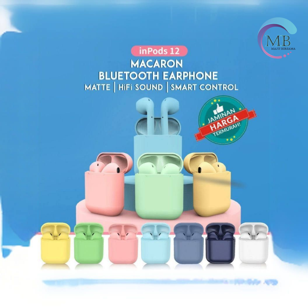 ￼HEADSET HANDSFREE EARPHONE BLUETOOTH WIRELLES Inpods 12 Macaron Headset Bluetooth Warna Macaron Wireless Inpods i12 MB8226