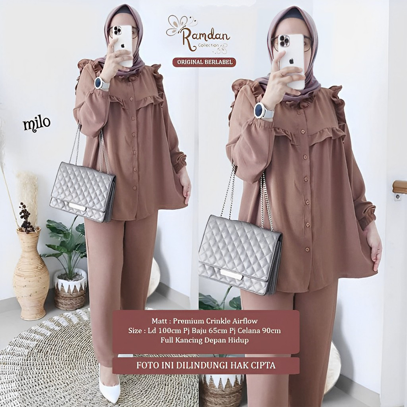 Ramdan Collection | Sandrina Milly One Set Bahan Crinkle Airflow Jipper Depan Sleting Depan Setelan Wanita Kekinian Tunik + Celana Import Fashion Muslim Jumbo OOTD Baju Wanita Premium Terbaru Anak Perempuan Kondangan Hitam Long Tunik Atasan Busui