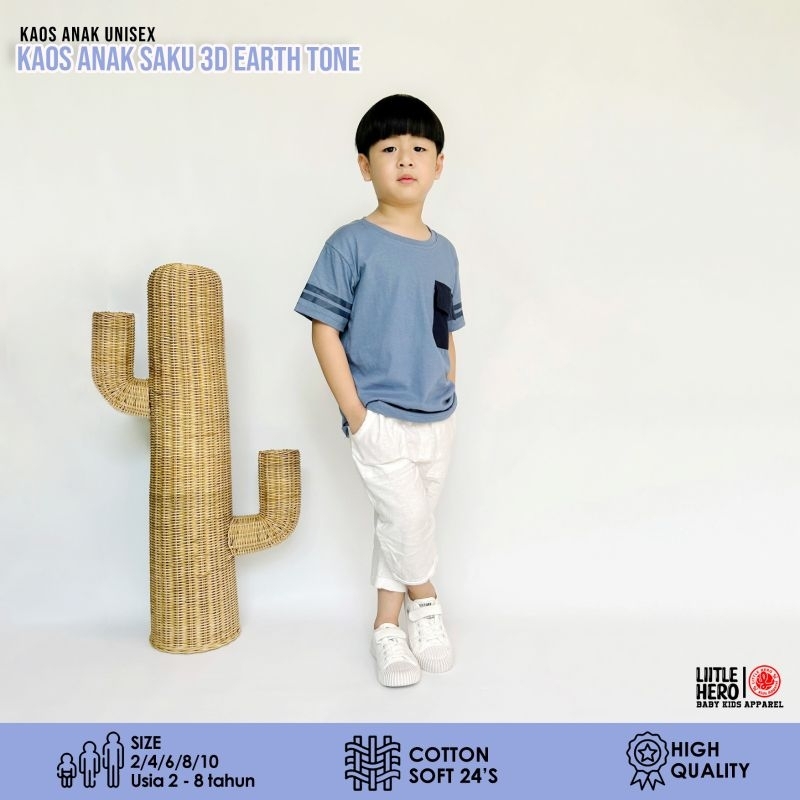 Baju Kaos Distro Anak Laki Laki Saku 3D Unik Earth Tone Little Hero Usia 2 3 4 5 6 7 8 Tahun