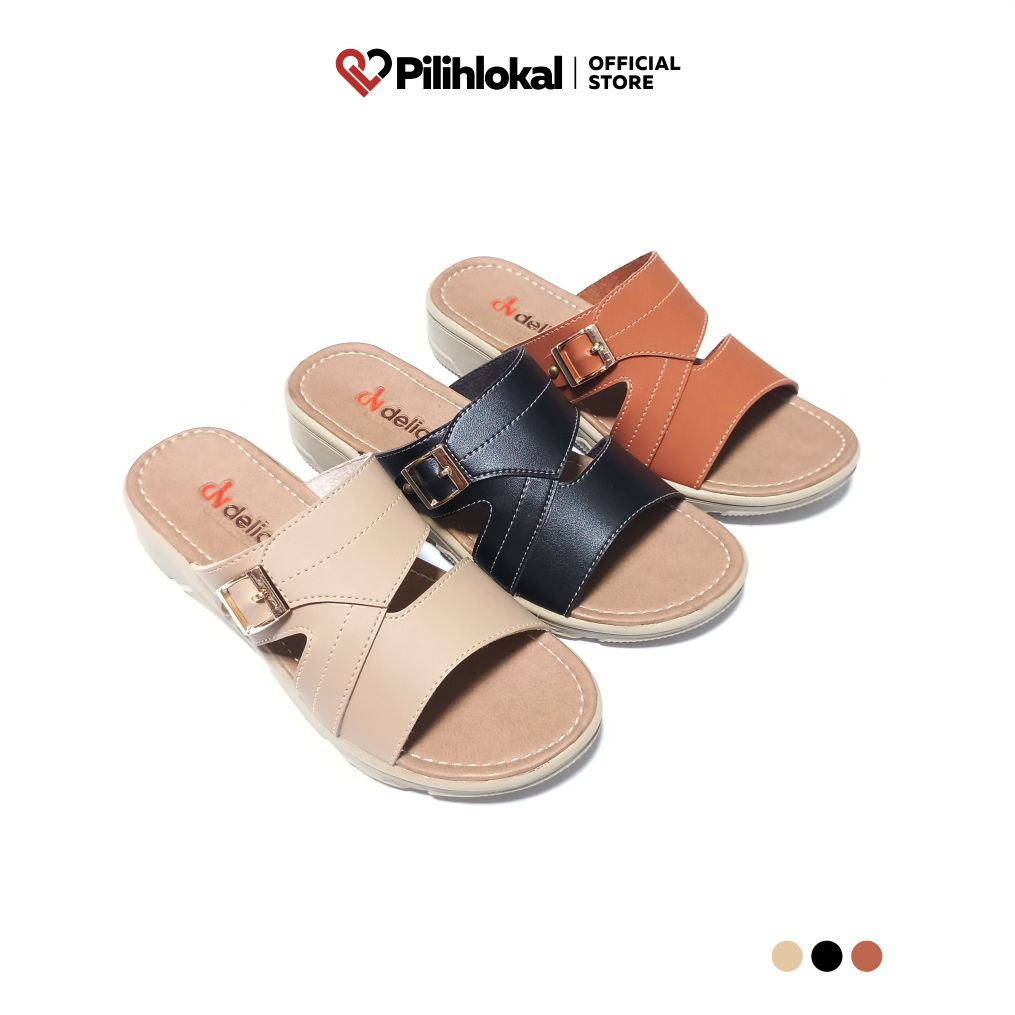 Pilihlokal - Amyra Sandal Wedges Wanita Dewasa Pesta Kondangan Kokop Cantik Terbaru 2023 Hak Tinggi 3 CM Murah - Sendal Kulit Slide Perempuan Remaja Kekinian Model Selop Gesper - Sepatu Sandal Slop Flip Flop Cewek Ibu Ibu Casual Lebaran Termurah Anti Slip