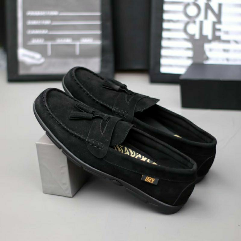 ZEPPLIN Sepatu Kasual Pria Semi Formal Slip On Kulit Suede Loafers Casual Kerja Kuliah Trendi Hitam