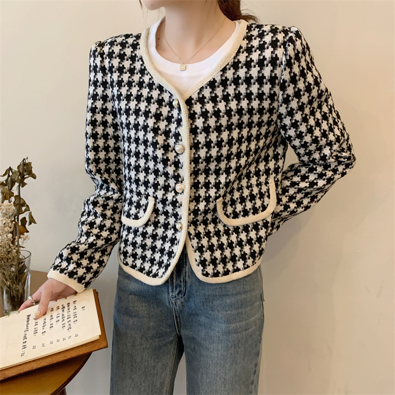 Jaket Wanita Terbaru Korean Style Retro Plaid Jacket Lengan Panjang Crop Top