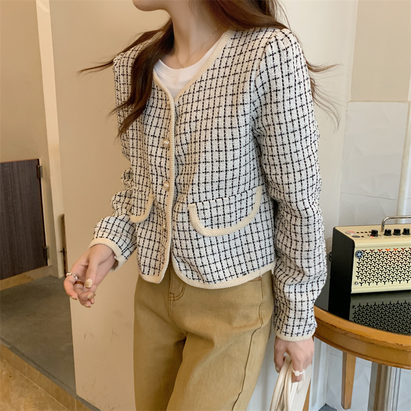 Jaket Wanita Terbaru Korean Style Retro Plaid Jacket Lengan Panjang Crop Top