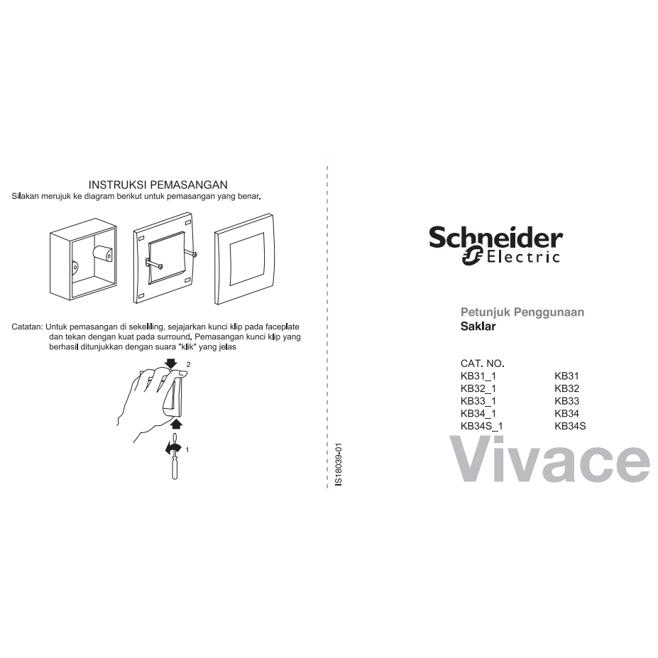 Schneider Vivace Saklar Engkel / Saklar Tunggal / 1Gang 1Arah KB31_1