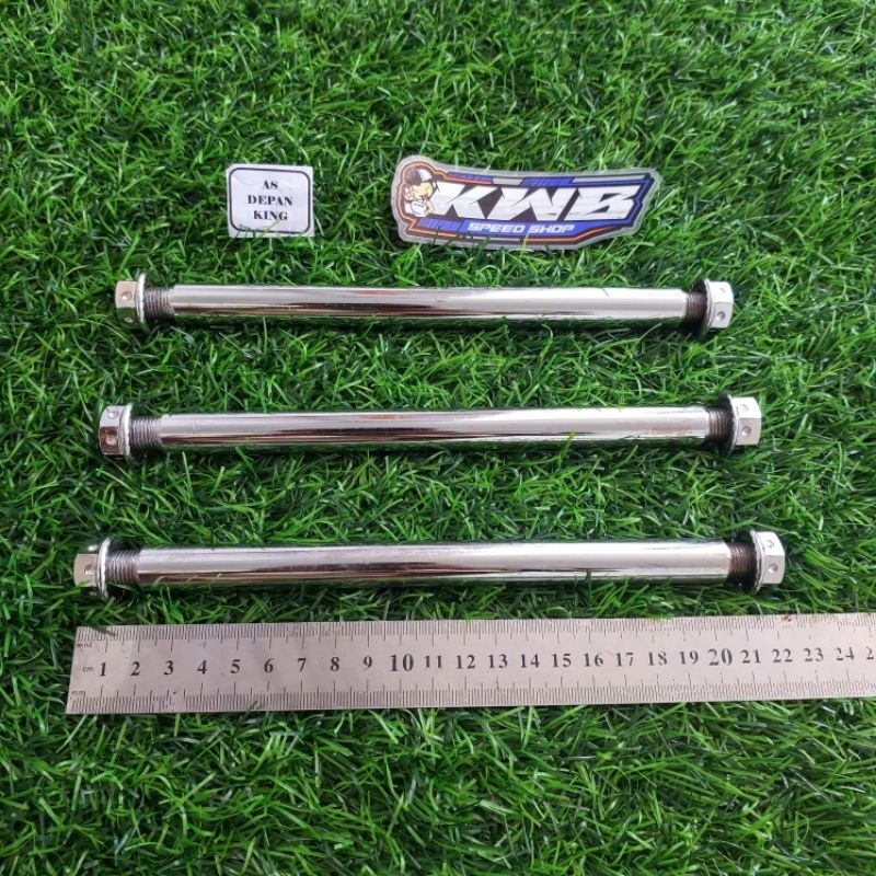 As roda depan yamaha rx king as 19 panjang 22cm mur kancing kanan kiri model probolt warna crom bisa di pnp lan ke motor lainnya khusus as 19 panjang 22cm