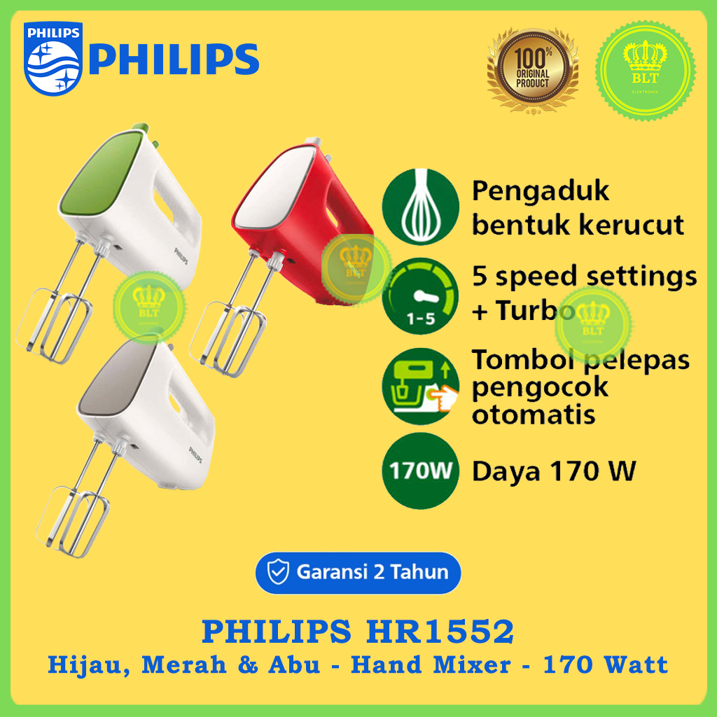 PHILIPS HR1552 Hand Mixer 170 Watt Pengocok Telur, Pengocok Adonan Kue Hijau Merah Grey Abu