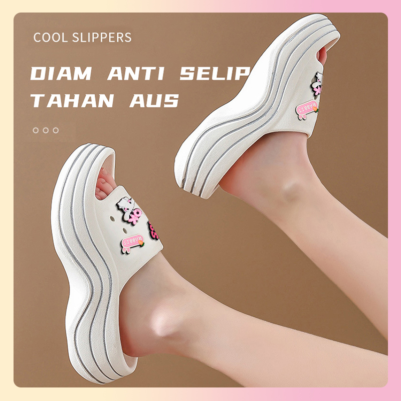 Sandal Slop Wanita Wedges Import Sendal Fuji Viral Jibbitz Kekinian Sandal Jelly Karet Selop Baim Lucu Stiker 3D Platfrom Tebal Elastic Empuk Eva