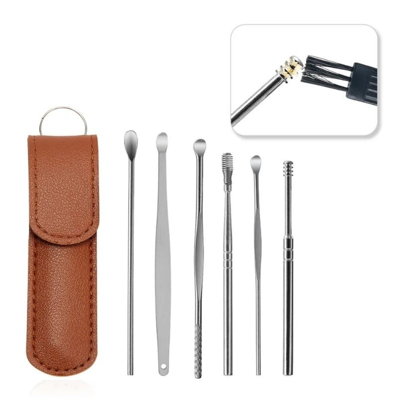 ISI 6 PCS PLUS POUCH KOREK KUPING STAINLESS ALAT PEMBERSIH TELINGA KOREK KUPING SET STAINLESS ANTI KARATAN