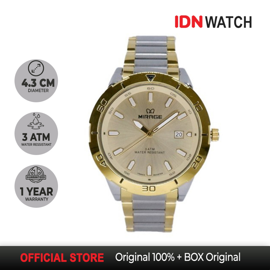 Jam Tangan Mirage Pria Analog Formal Mewah Silver Gold Anti Karat Garansi 1 Tahun 8758 M