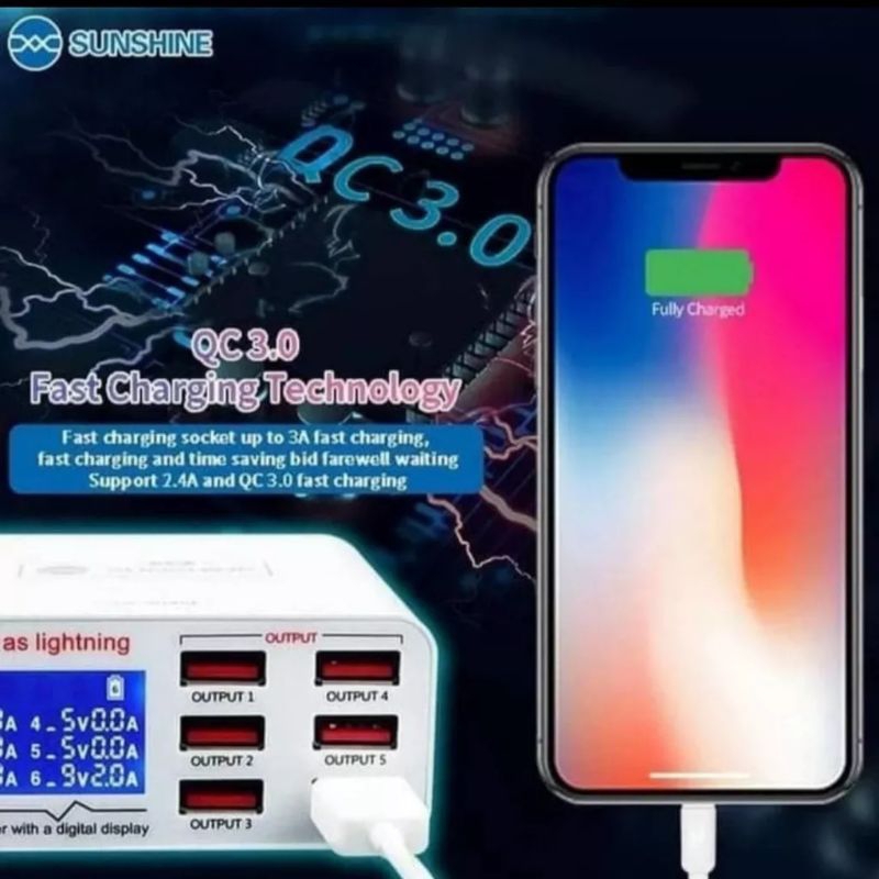 SMART ADAPTOR CHARGER SUNSHINE SS-304Q 6 PORT USB DIGITAL